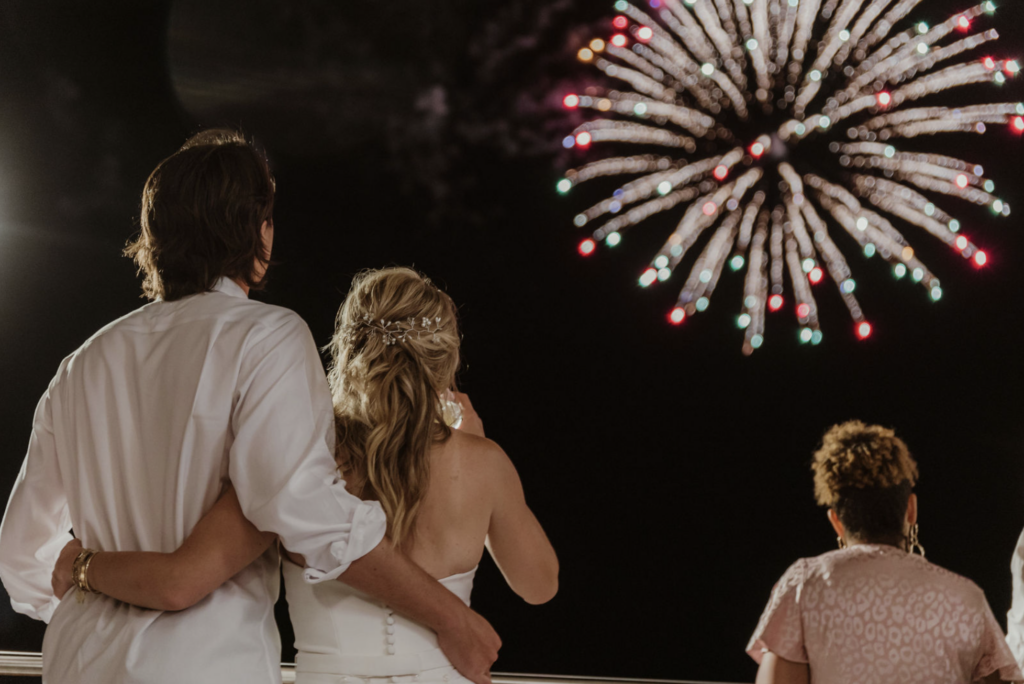 Wedding with fireworks on the riverwalk at Plant Riverside Savannah